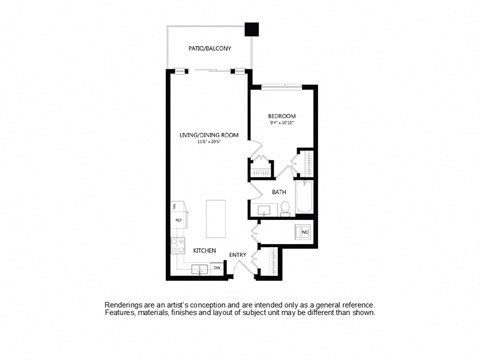 Floor plan for 1 bed, 1 bath, 627 sqft